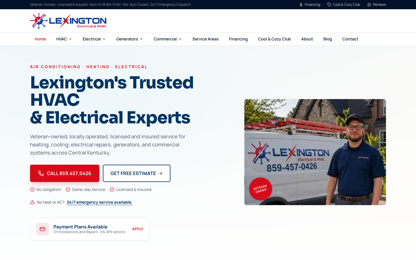 Lexington Electrical & HVAC website homepage — Digital Kingsmen project