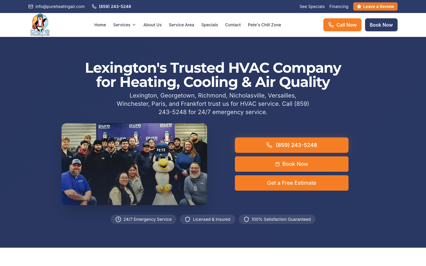 Pure Heating & Air website homepage — Digital Kingsmen project